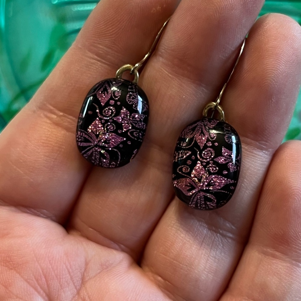 Vintage Artisan Pink Floral Dichroic Fused Glass Silver Tone Metal Earrings